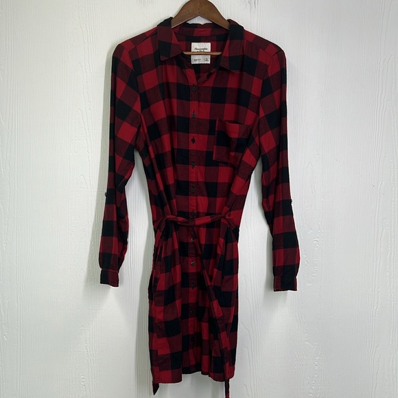 Abercrombie &Fitch -Buffalo Red & Black Plaid Flannel Button Down Shirt Dress XL - Picture 9 of 12